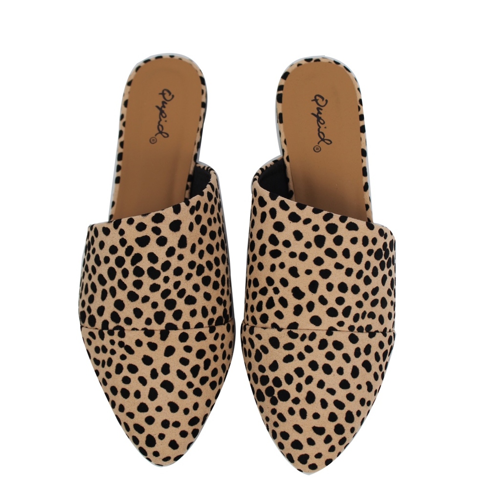Tan Leopard pointy toe slip on mules flat - Picture 2 of 8